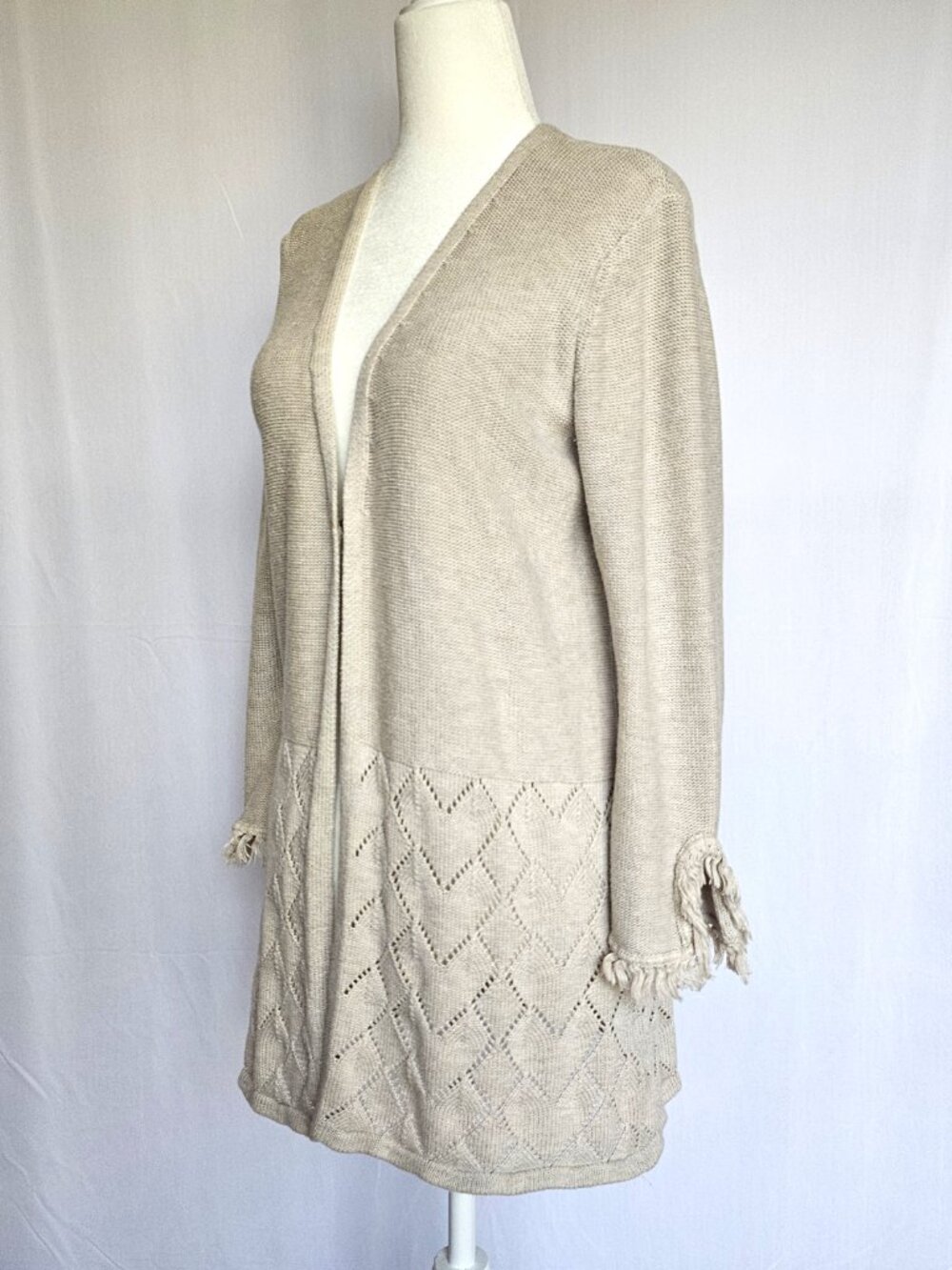 Style & Co | Long Open Front Cardigan | Oatmeal Boho Fringe Knit | Size S